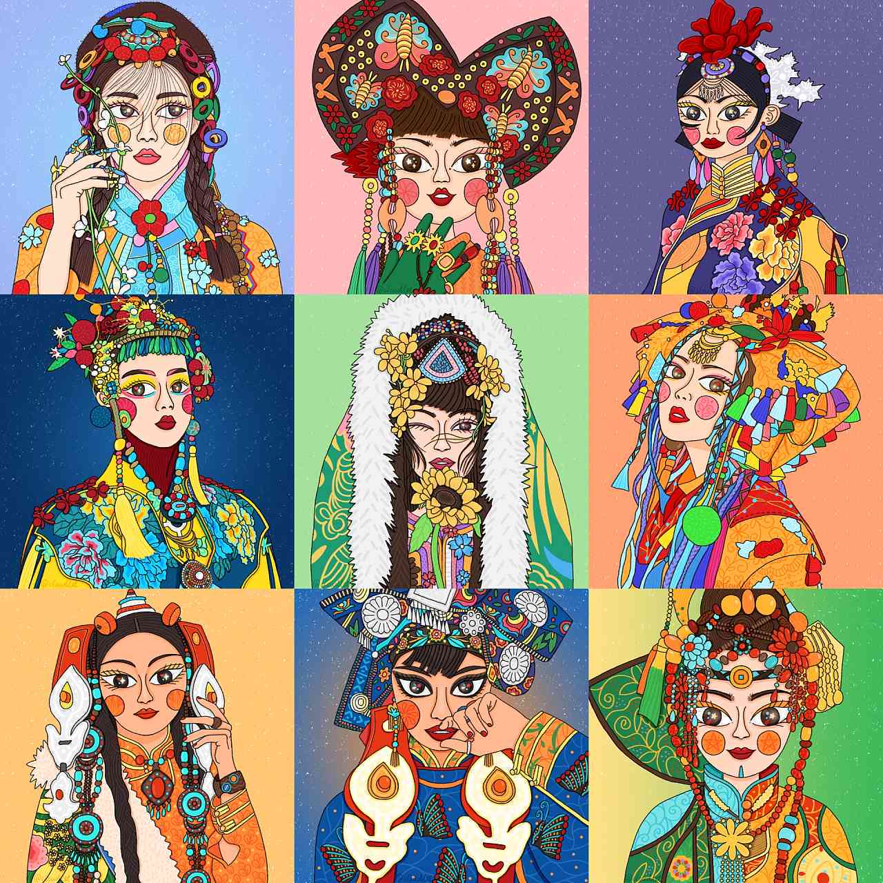 经典美复古风格插画头像     ：涵多款时与复古结合的人物形象设计