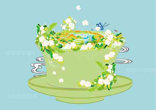 手绘玫瑰花茶与茉莉花茶插画：融合茶文化元素的背景素材设计作品集