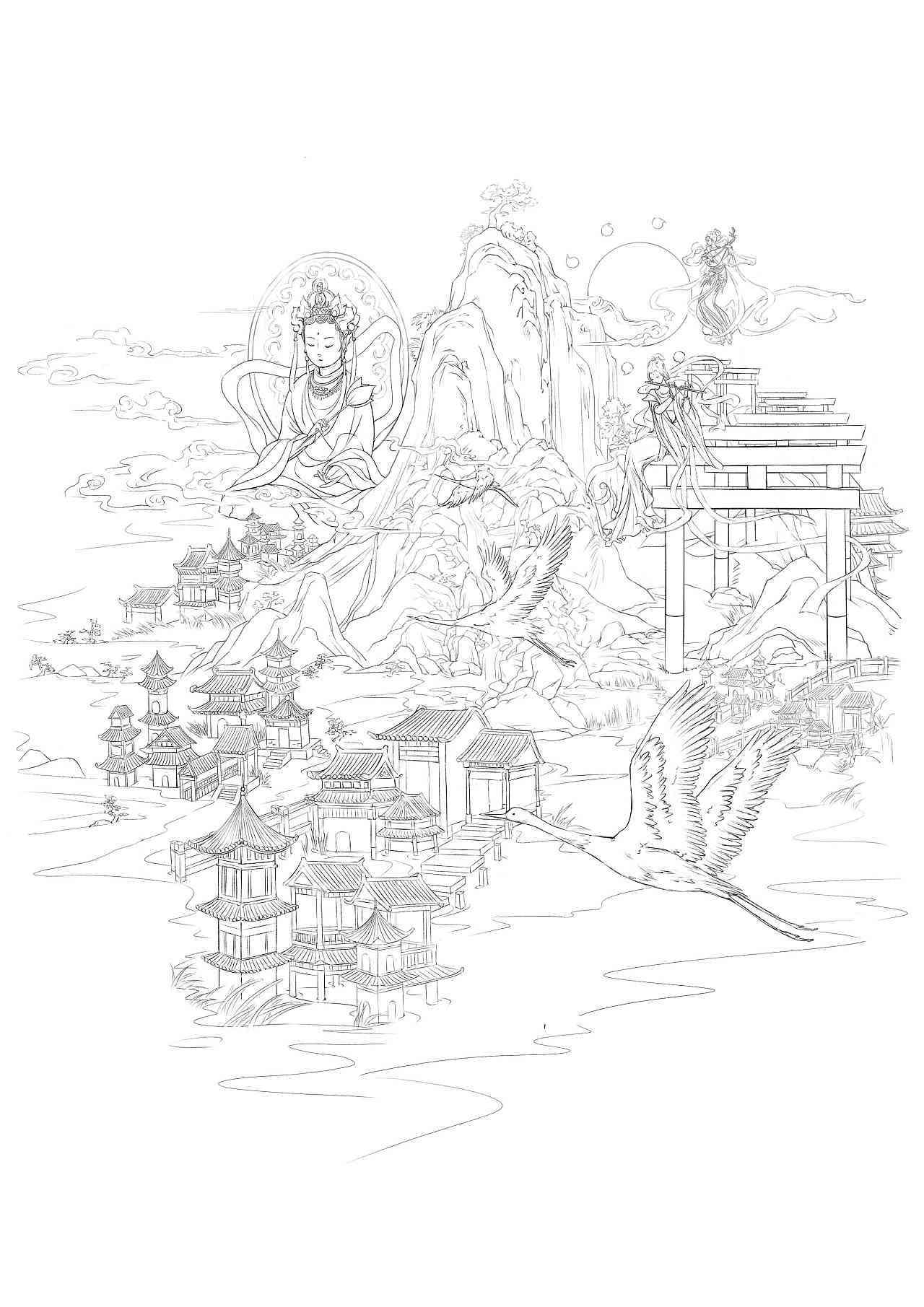 国风插画线稿-国风插画线稿临摹素材