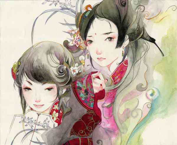 复古水彩插画风格手绘婚纱照图片素材——婚礼设计独特珍藏
