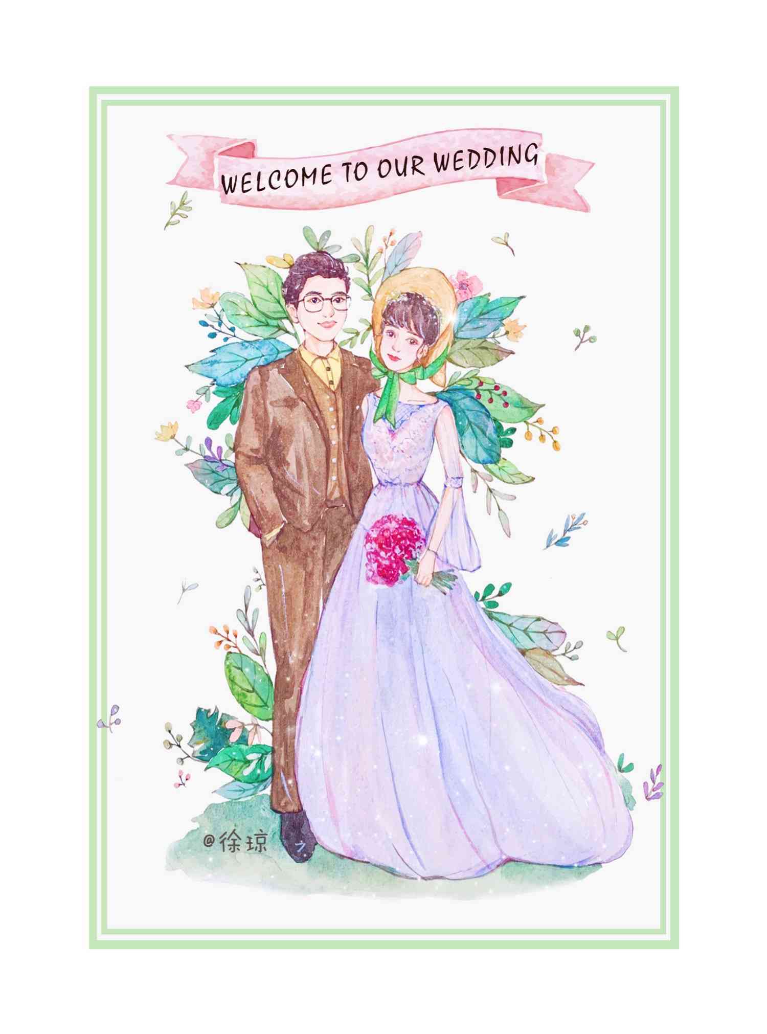 复古水彩插画风格手绘婚纱照图片素材——婚礼设计独特珍藏