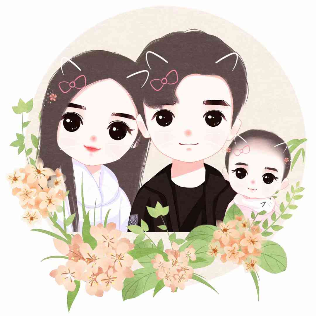 一家四口馨全家福：手绘福头像大全，三口馨爱意笔画集锦