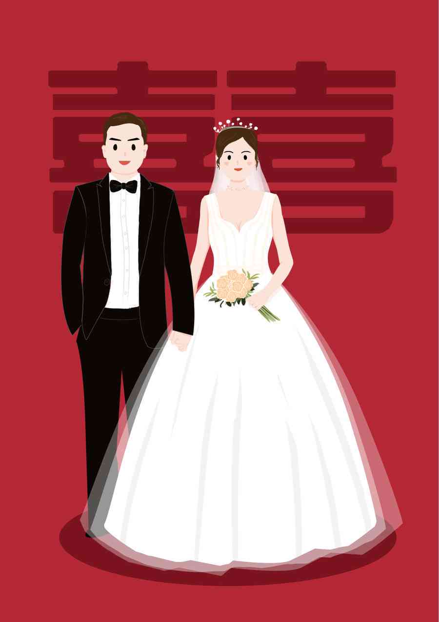 手绘卡通版婚纱照：婚礼素材中的独特插画图片