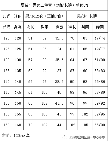 三鑫的校服分颜色及尺码对照表，完整配色指南
