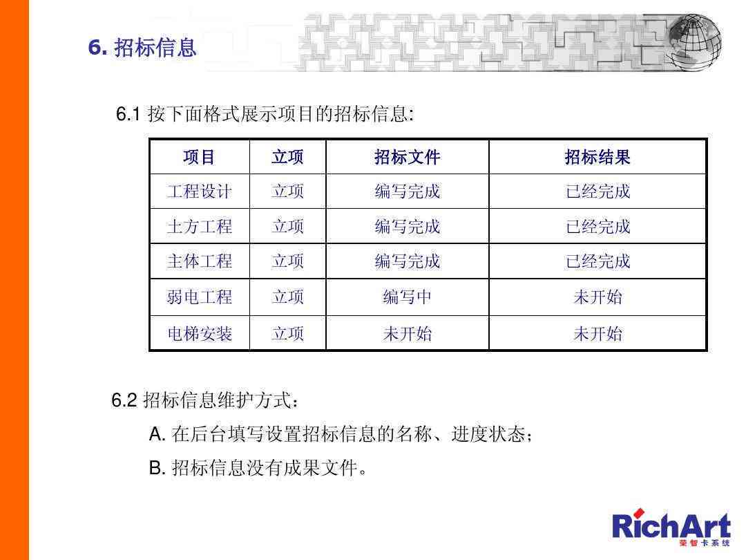 项目招投标进展状况及成果汇报