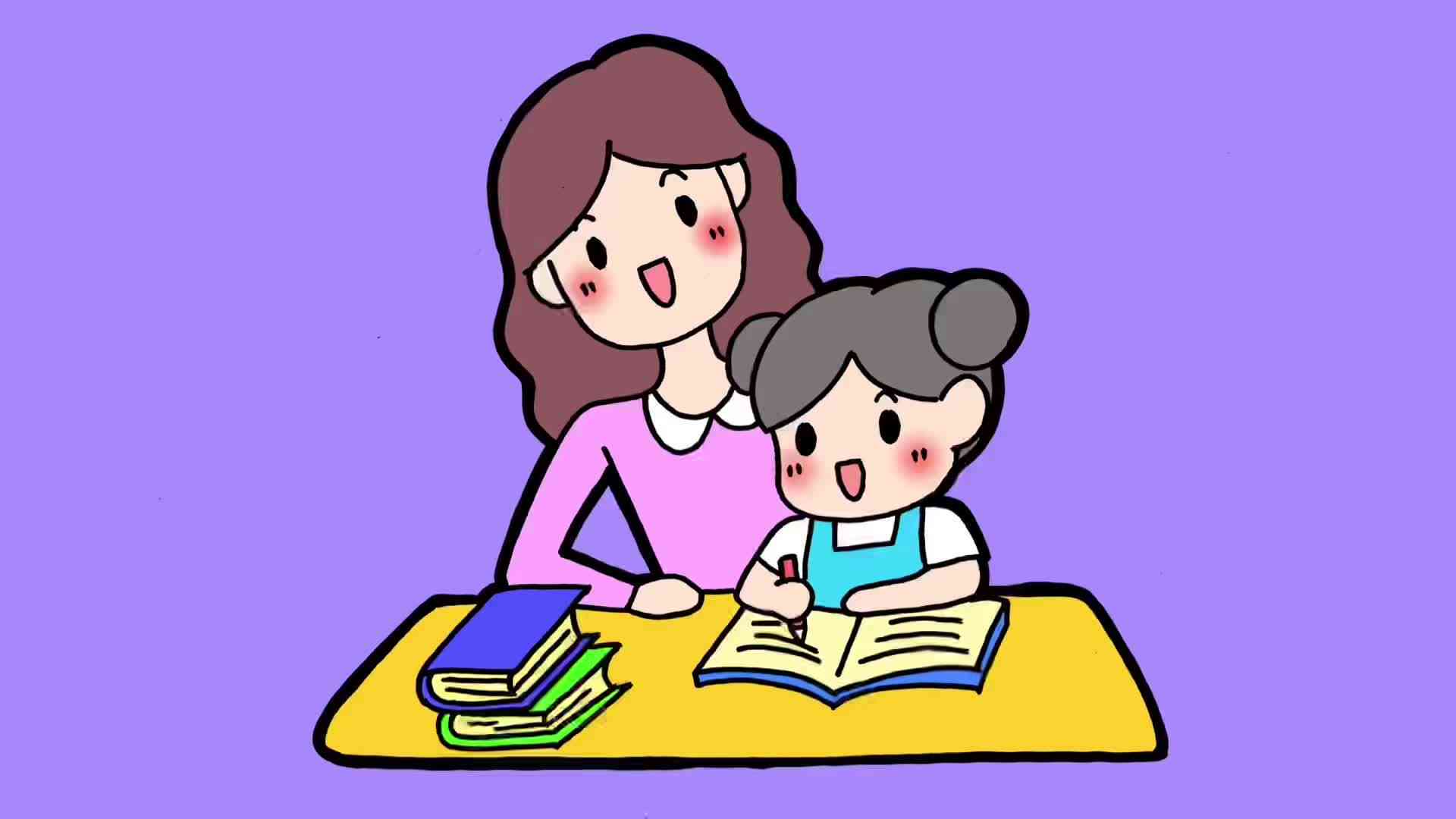 辅导孩子写作业的简笔画：家长陪伴孩子学的馨描绘